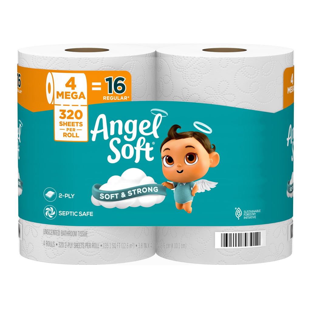 Angel Soft Toilet Paper, 4 Mega Rolls = 16 Regular Rolls, 2-Ply | Everyday use toilet tissue, household essentials, long-lasting mega toilet rolls; soft, strong, reliable, and septic safe