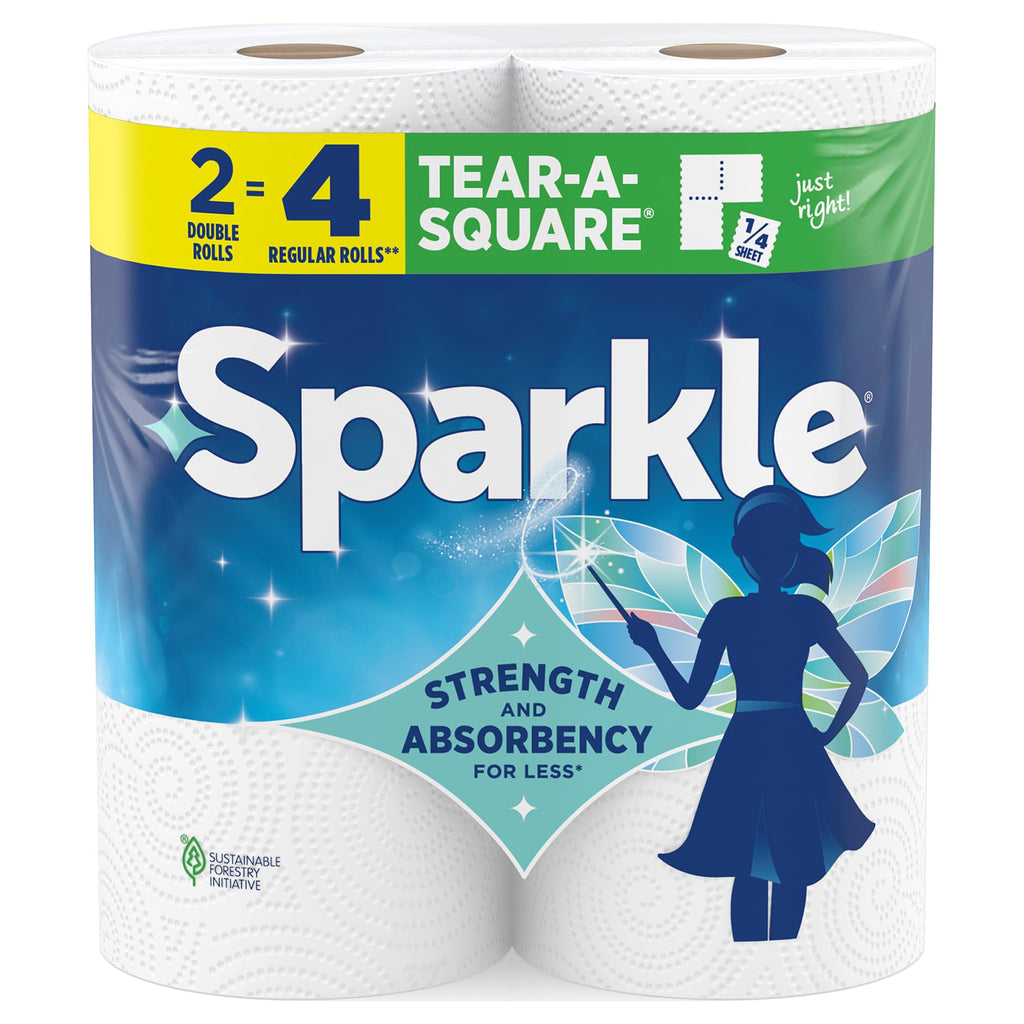Sparkle Tear-A-Square Kitchen Paper Towels, 2 Double Rolls, 220 Sheets | Strong 2 ply paper towels for kitchen cleanup and everyday messes, absorbent paper towels to wipe surfaces and soak up spills
