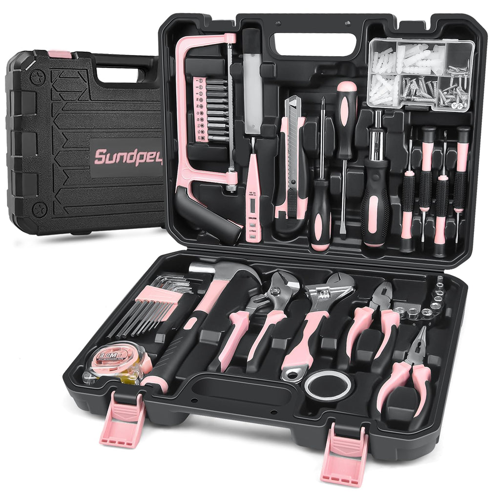 Sundpey 148 Pcs Portable Basic Hand Repair Home Tool Kit Set with Case Pink | with Ratchet Screwdriver &amp; Adjustable Wrench &amp; Water Pump Pliers, Women Tool Set for Household House Garage Apartment Dorm