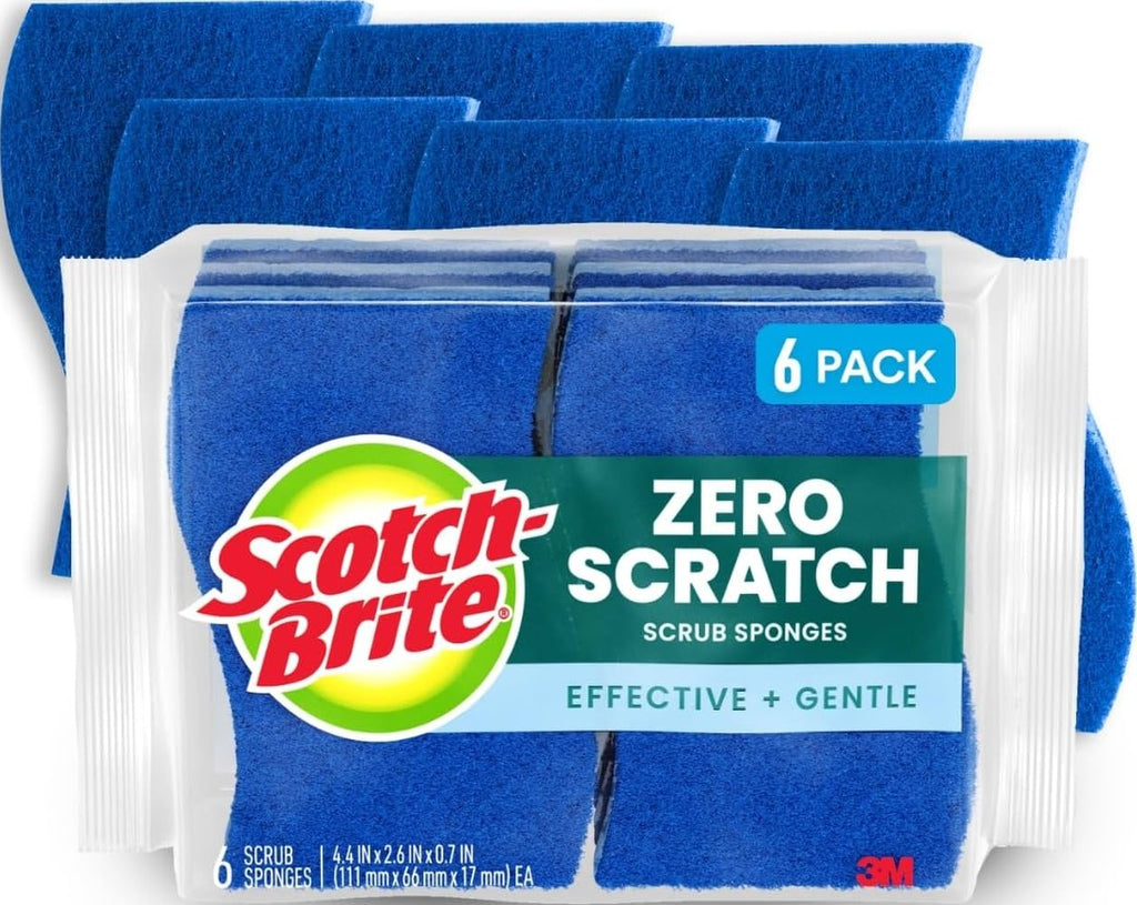 Scotch-Brite Zero Scratch Scrub Sponge, 6 Pack | Kitchen Sponges for Cleaning Home, Bathroom, Effective + Gentle Dish Scrubber, Safe on Nonstick surfaces