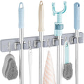 OUTNILI Gray Mop Broom Holder Wall Mount with 4 Slots &amp; 4 Hooks - Wood Broom Mop Hanger for Pantry Closet Laundry Room Organization - Heavy Duty Garden Tool Organizer