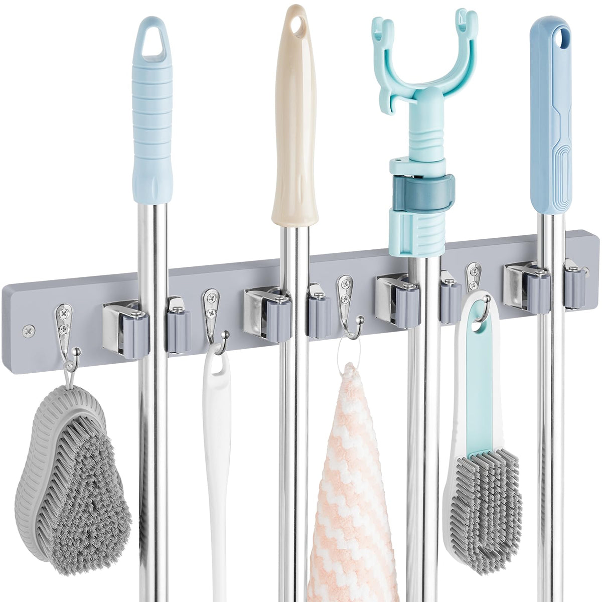 OUTNILI Gray Mop Broom Holder Wall Mount with 4 Slots &amp; 4 Hooks - Wood Broom Mop Hanger for Pantry Closet Laundry Room Organization - Heavy Duty Garden Tool Organizer