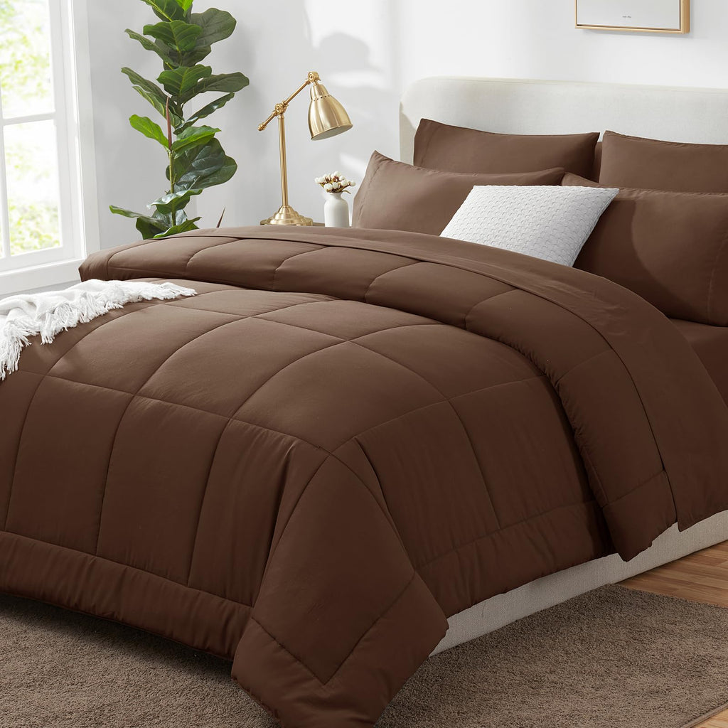 CozyLux Queen Comforter Set Brown - 7 Pieces Bed in a Bag | OEKO-TEX Certified, All-Season, Bedroom, Guest Room, Down-Alternative Comforter + Flat &amp; Fitted Sheets + 4 Pillowcases