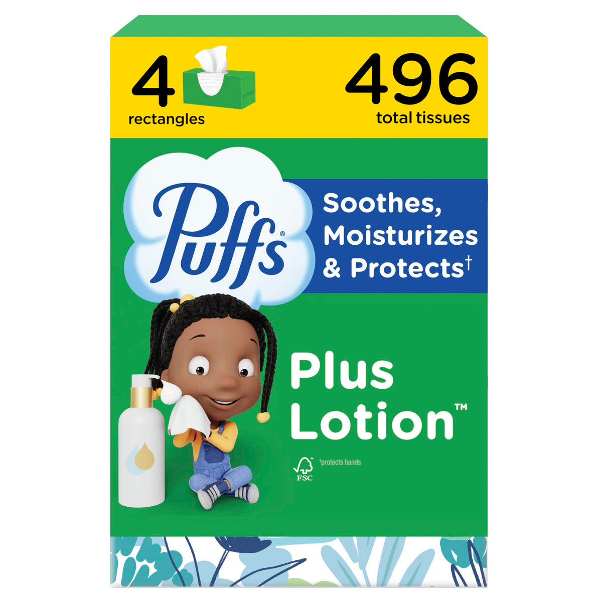Puffs Facial Tissues Plus Lotion, 4 Family Boxes, 124 Facial Tissues per Box, Allergies and Colds (Packaging May Vary)