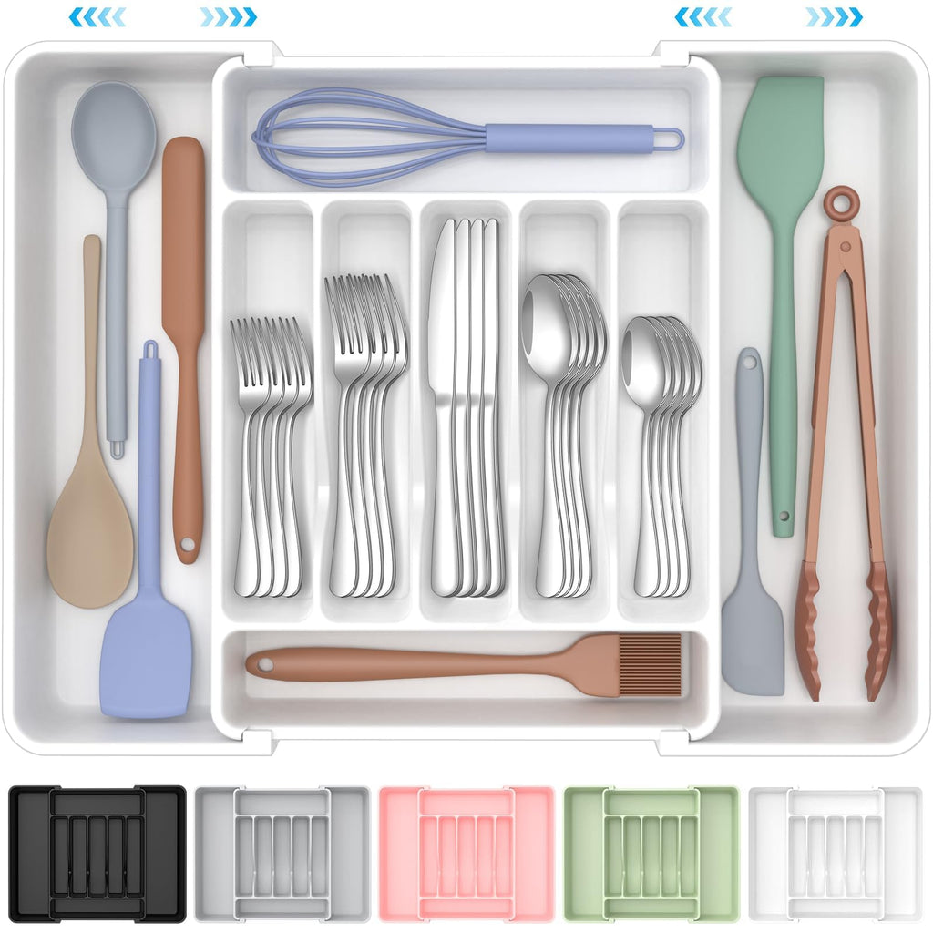 ukeetap Extra Large Expandable Silverware Organizer, Flatware Tray,White | BPA-Free Food-Safe Kitchen Utensil Cutlery Drawer Organizer, Adjustable Silverware Holder for Spoons Forks Knives