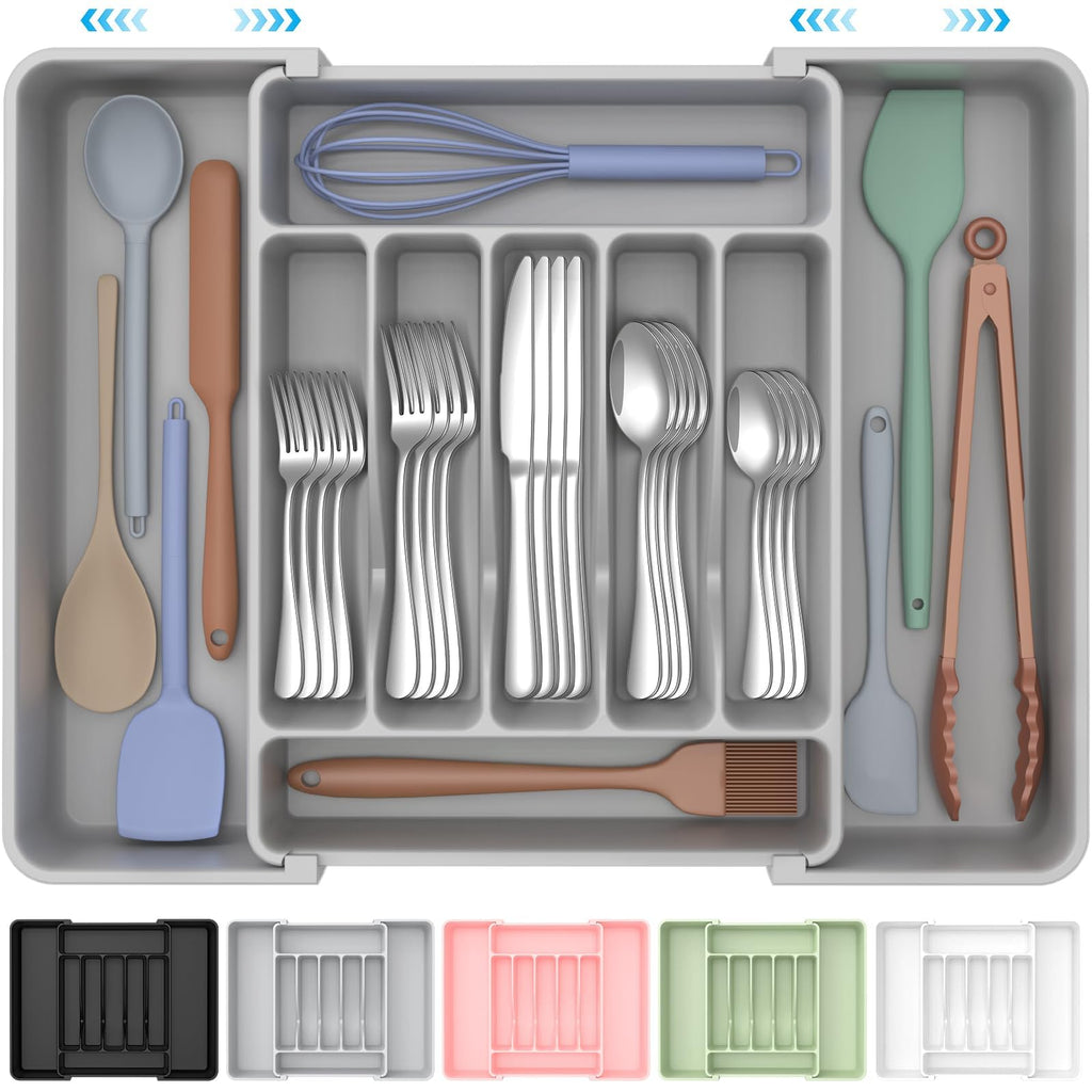 ukeetap Extra Large Expandable Silverware Organizer, Flatware Tray,Gray | BPA-Free Food-Safe Kitchen Utensil Cutlery Drawer Organizer, Adjustable Silverware Holder for Spoons Forks Knives