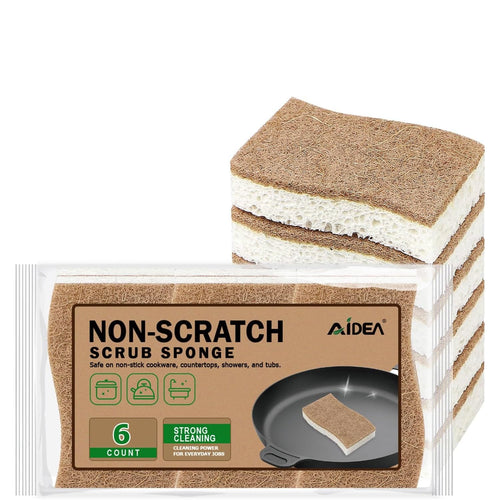 AIDEA Sponges Non Scratch, 6Count, Natural Sponge for Non Stick Cookware | Sponges Kitchen, Cellulose Scrub Sponge for Dishes, Cleaning Power for Kitchen, Bathroom, Household
