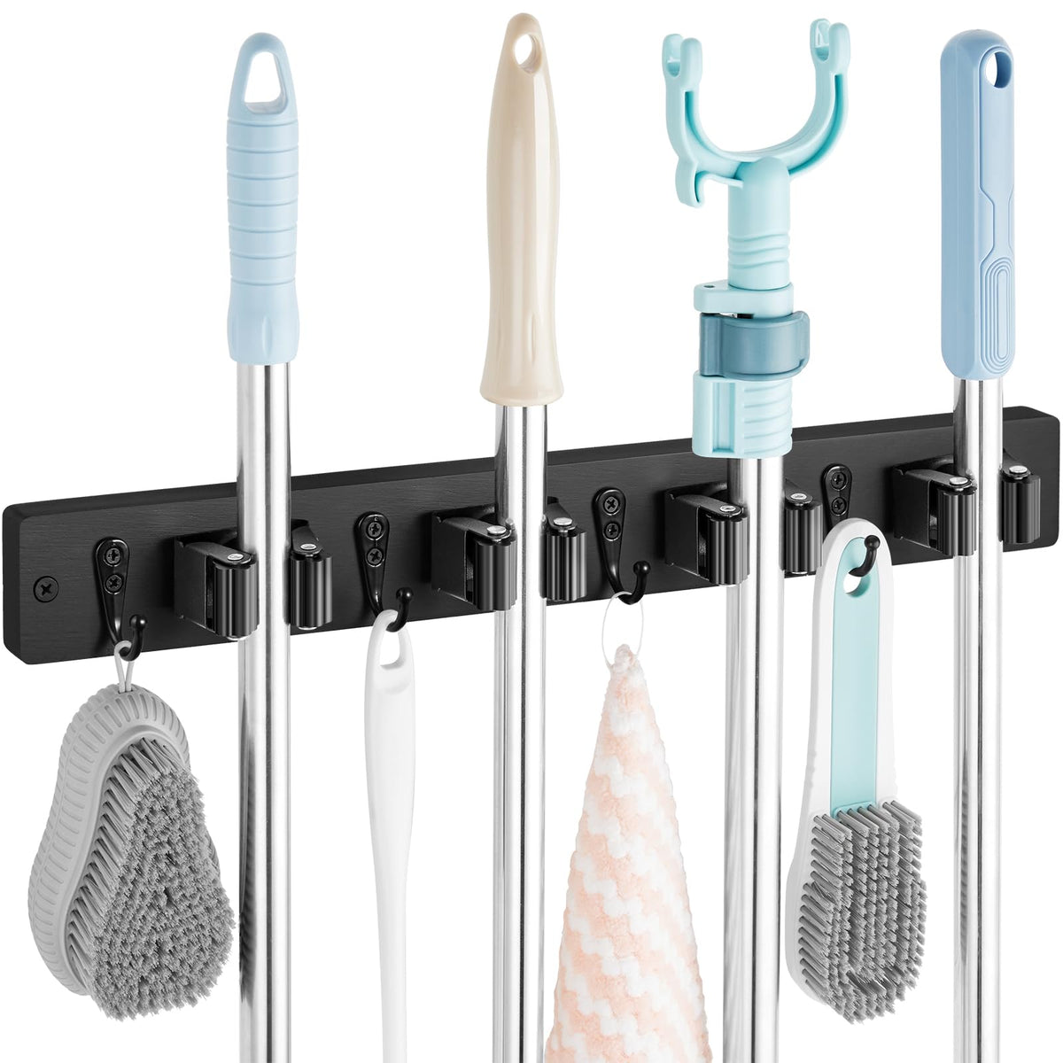 OUTNILI Black Mop Broom Holder Wall Mount with 4 Slots &amp; 4 Hooks - Rustic Wood Broom Mop Hanger for Pantry Closet Laundry Room Organization - Heavy Duty Garden Tool Organizer - Black Kitchen Decor