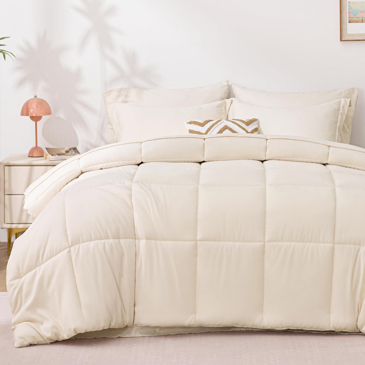 Love's cabin Queen Comforter Set, 7 Pieces Bed in a Bag, Beige | OEKO-TEX Certified, All-Season, 1 Down-Alternative Comforter + 1 Flat &amp; Fitted Sheets + 2 Pillowcases + 2 Pillow Shams