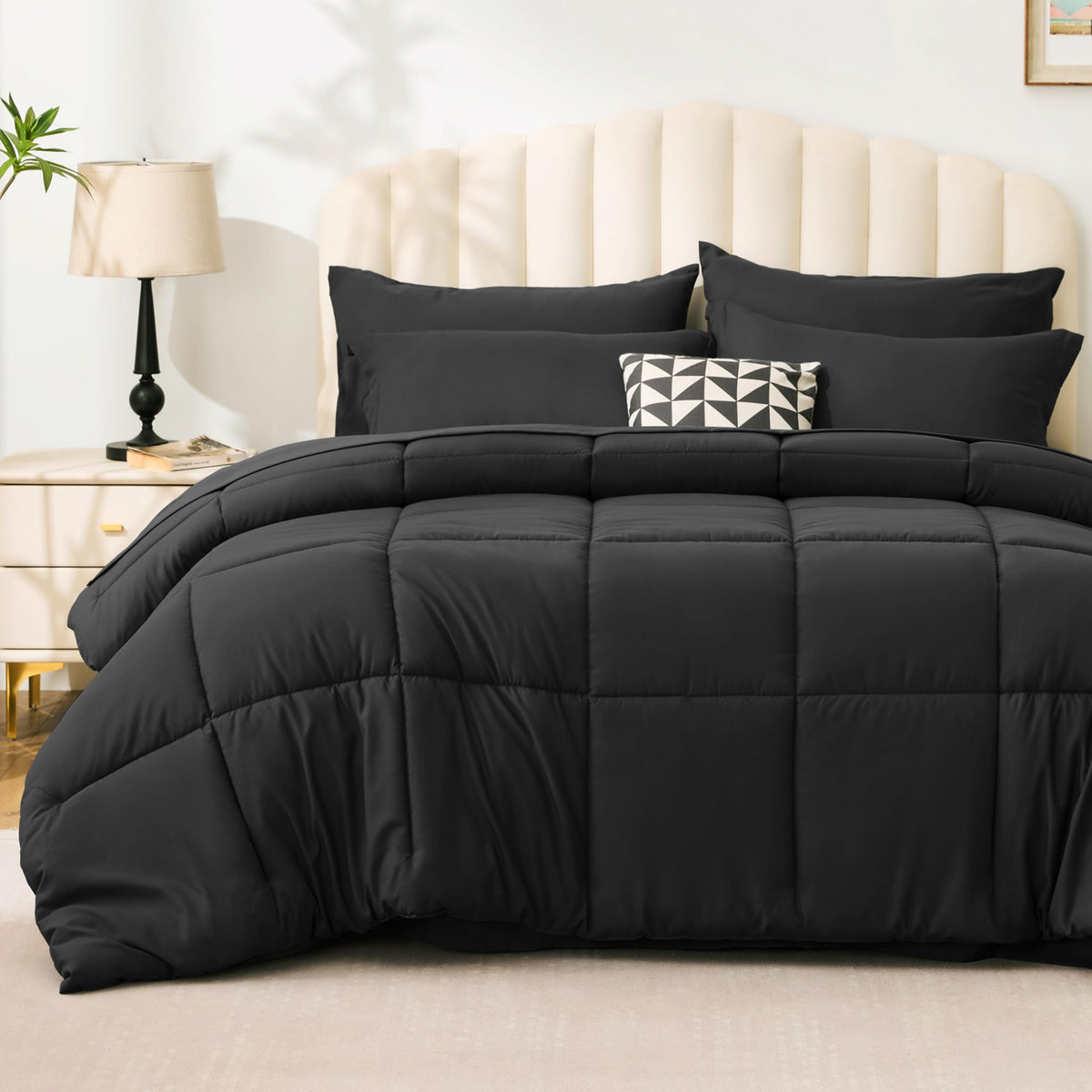 Love's cabin Queen Comforter Set, 7 Pieces Bed in a Bag, Black | OEKO-TEX Certified, All-Season, 1 Down-Alternative Comforter + 1 Flat &amp; Fitted Sheets + 2 Pillowcases + 2 Pillow Shams