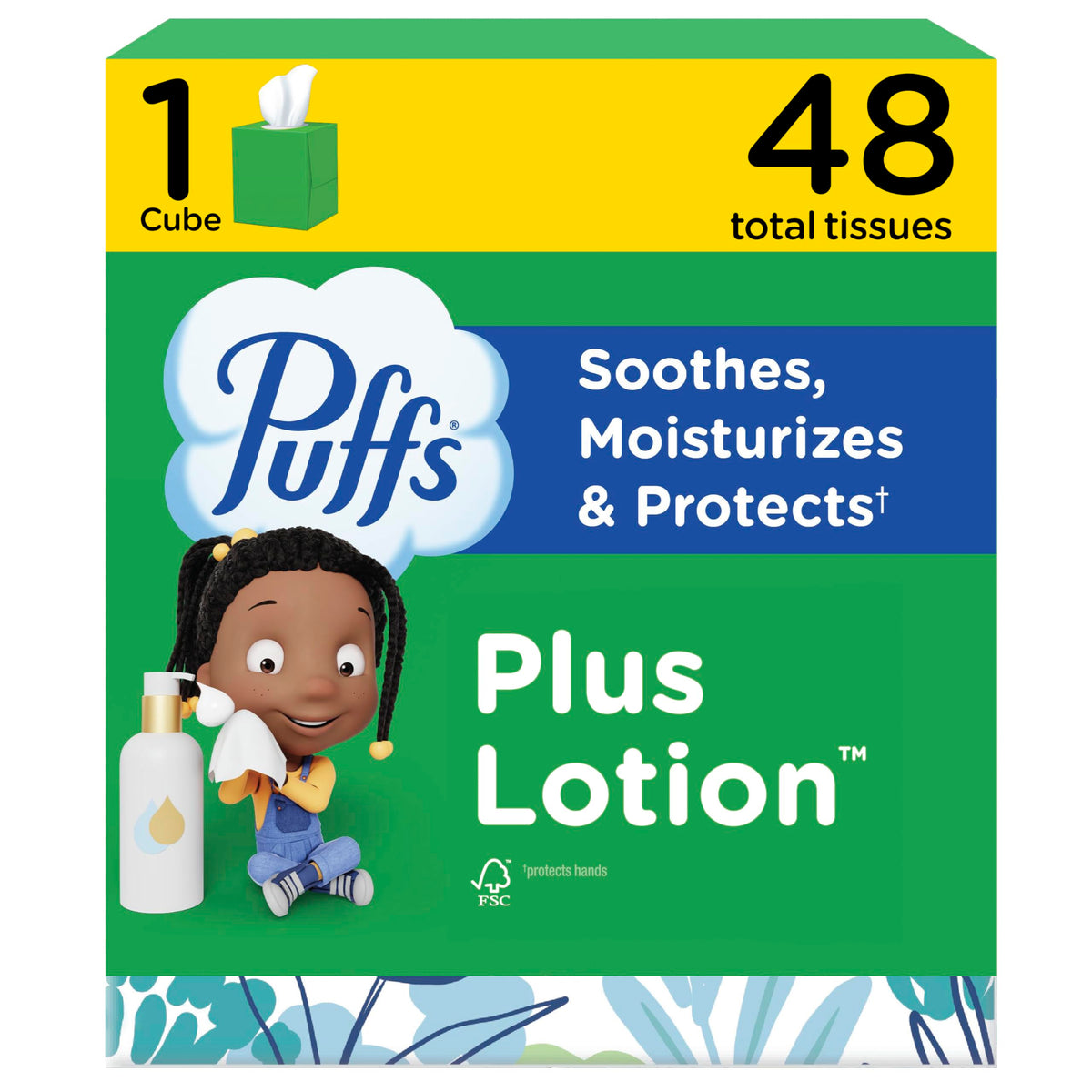 Puffs Facial Tissues Plus Lotion, 1 Cube Box, 48 Facial Tissues per Box, Allergies and Colds (Packaging May Vary)