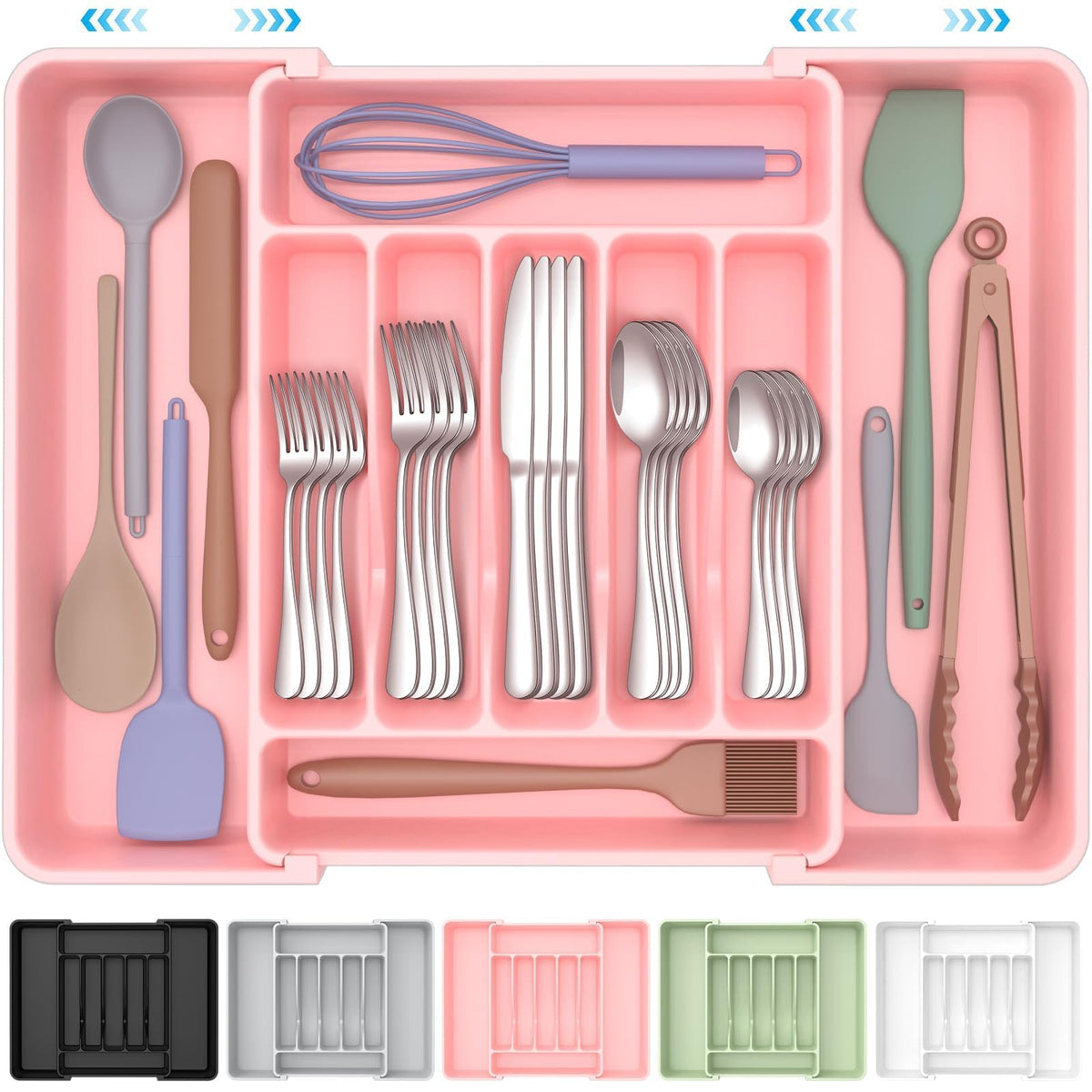 ukeetap Extra Large Expandable Silverware Organizer, Flatware Tray, Pink | BPA-Free Food-Safe Kitchen Utensil Cutlery Drawer Organizer, Adjustable Silverware Holder for Spoons Forks Knives