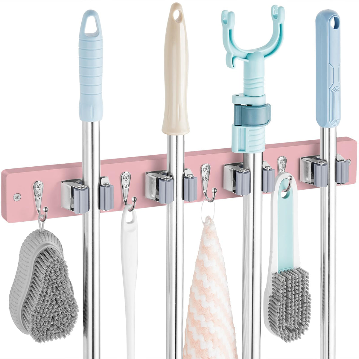OUTNILI Pink Mop Broom Holder Wall Mount with 4 Slots &amp; 4 Hooks - Wood Broom Mop Hanger for Pantry Closet Laundry Room Kitchen Organization - for Pink Kitchen Decor and Accessories