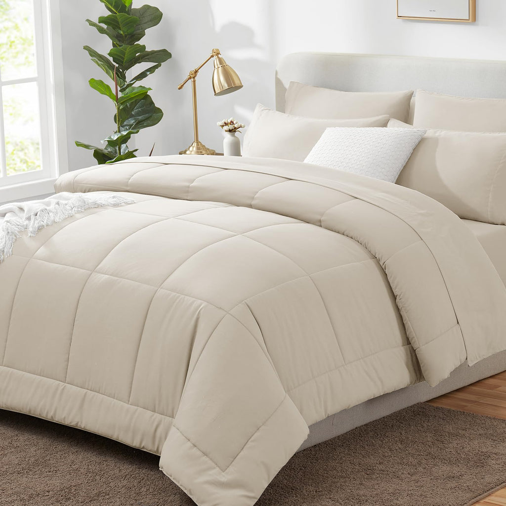 CozyLux Queen Comforter Set Beige - 7 Pieces Bed in a Bag | OEKO-TEX Certified, All-Season, Bedroom, Guest Room, Down-Alternative Comforter + Flat &amp; Fitted Sheets + 4 Pillowcases