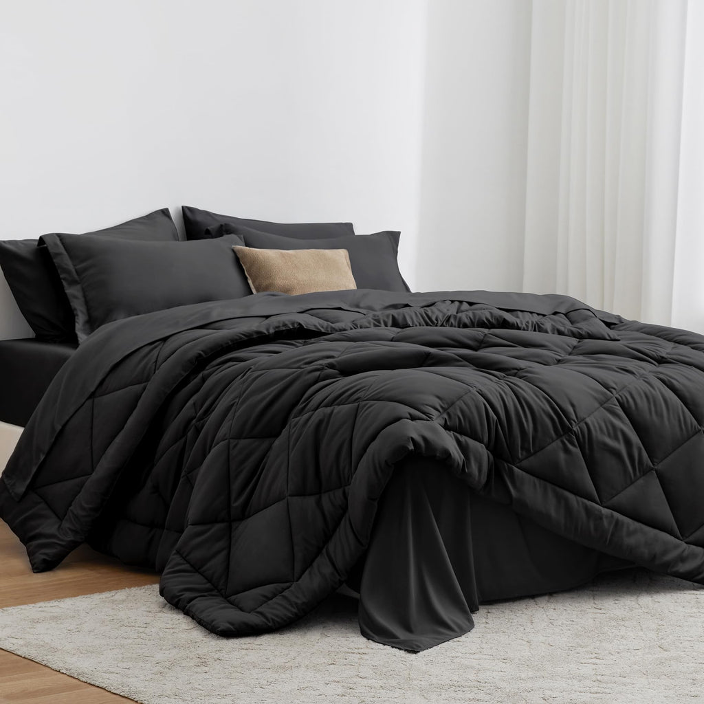 Love's cabin Queen Comforter Set, 7 Pieces Bed in a Bag, Black | OEKO-TEX Certified, All-Season, 1 Down-Alternative Comforter + 1 Flat &amp; Fitted Sheets + 2 Pillowcases + 2 Pillow Shams