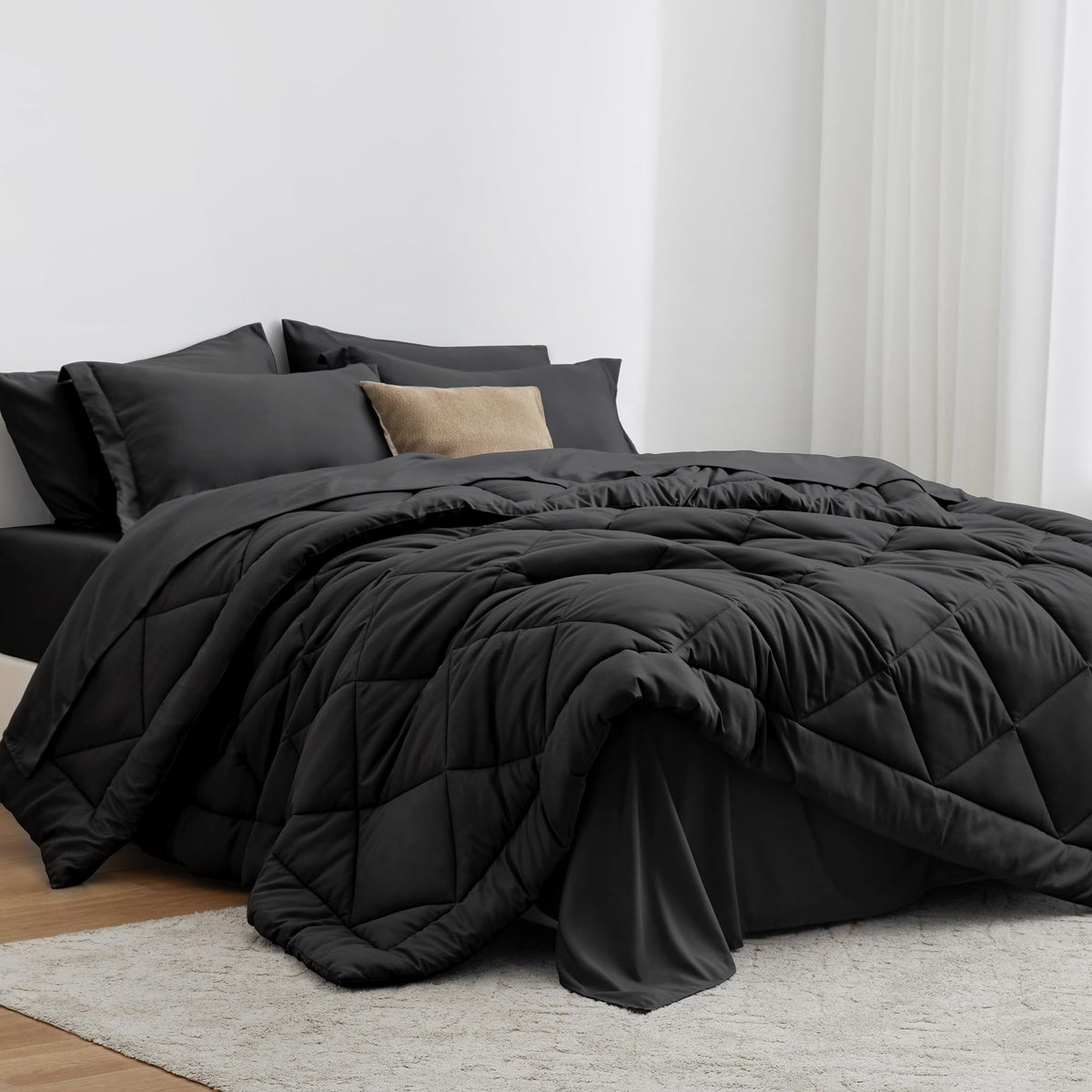 Love's cabin Queen Comforter Set, 7 Pieces Bed in a Bag, Black | OEKO-TEX Certified, All-Season, 1 Down-Alternative Comforter + 1 Flat &amp; Fitted Sheets + 2 Pillowcases + 2 Pillow Shams