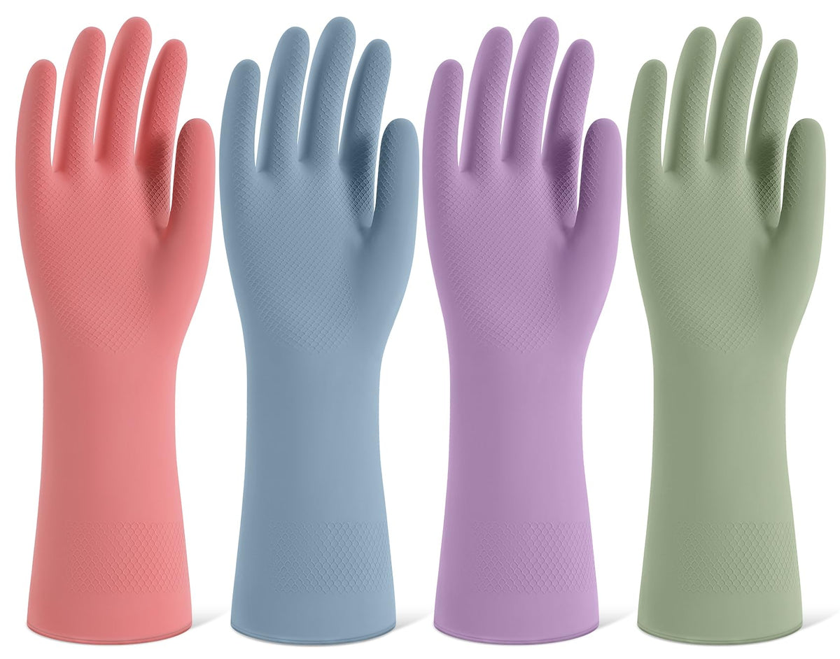 Rubber Cleaning Gloves for Dishwashing, 4 Pairs Reusable Kitchen Gloves for Washing Dishes and Household Cleaning, Colorful Dish Gloves with Flocked Lining and Non-Slip Grip, Pefect for Woman Men - L