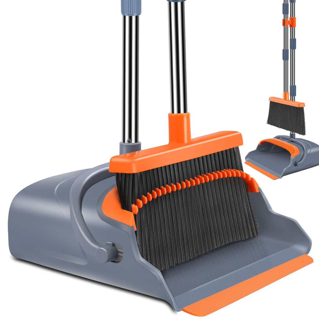 kelamayi Upgrade Broom and Dustpan Set, Self-Cleaning with Dustpan Teeth, Indoor&amp;Outdoor Sweeping, Ideal for Dog Cat Pets Home Use, Stand Up Broom and Dustpan (Gray&amp;Orange)