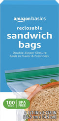 Amazon Basics Reclosable Double Zipper Sandwich Storage Bags for Food Storage, BPA Free, 100 Count