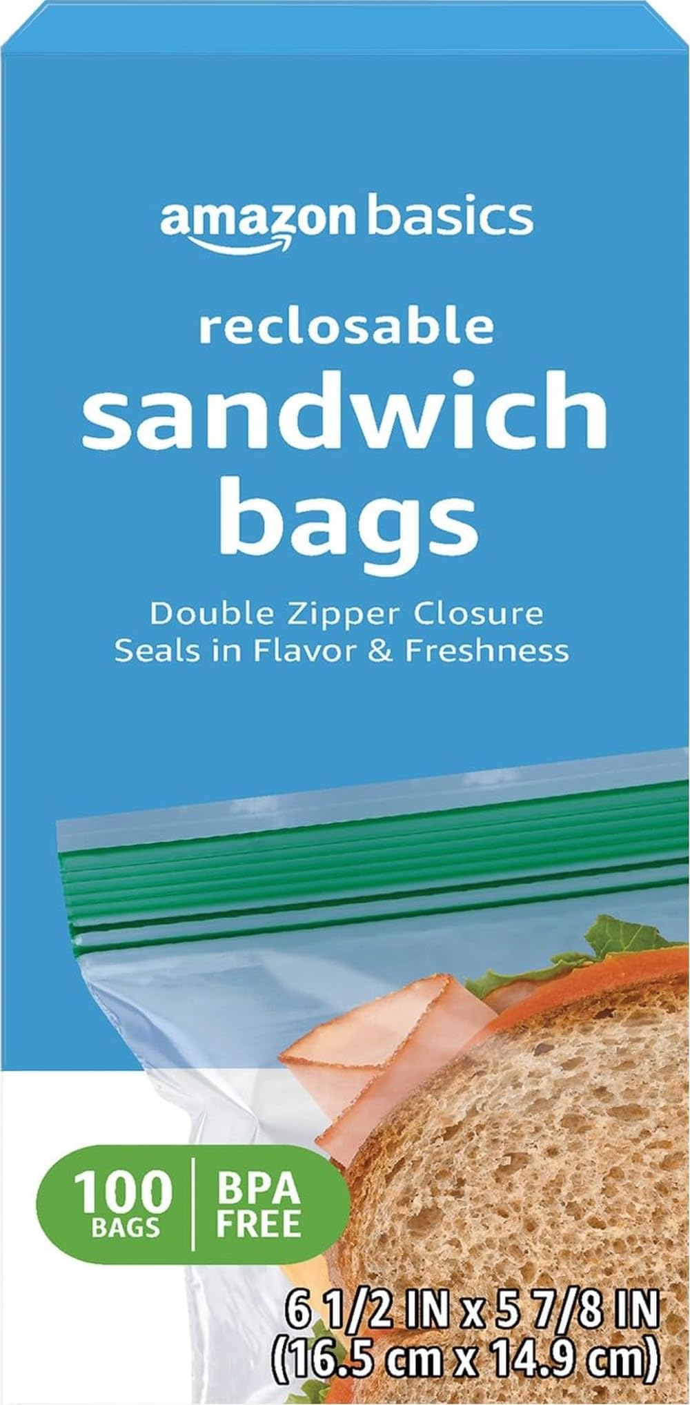 Amazon Basics Reclosable Double Zipper Sandwich Storage Bags for Food Storage, BPA Free, 100 Count