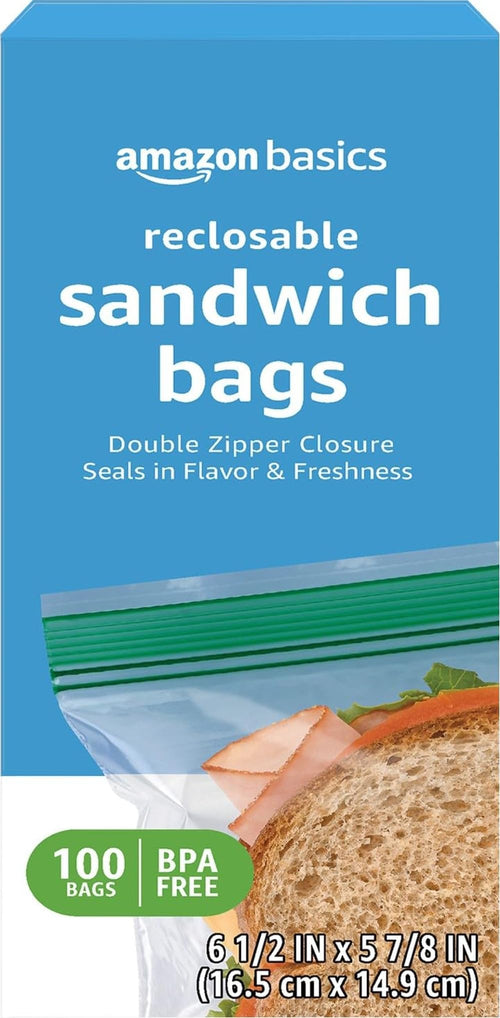 Amazon Basics Reclosable Double Zipper Sandwich Storage Bags for Food Storage, BPA Free, 100 Count