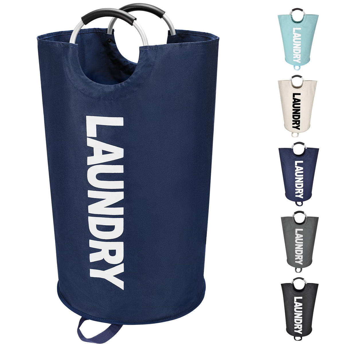 Maxsilan 90L Large Laundry Basket Bag, Collapsible Tall Hamper, Dark Blue | Freestanding tall laundry bag &amp; foldable washing basket. Large capacity clothes storage bin with durable sturdy handles