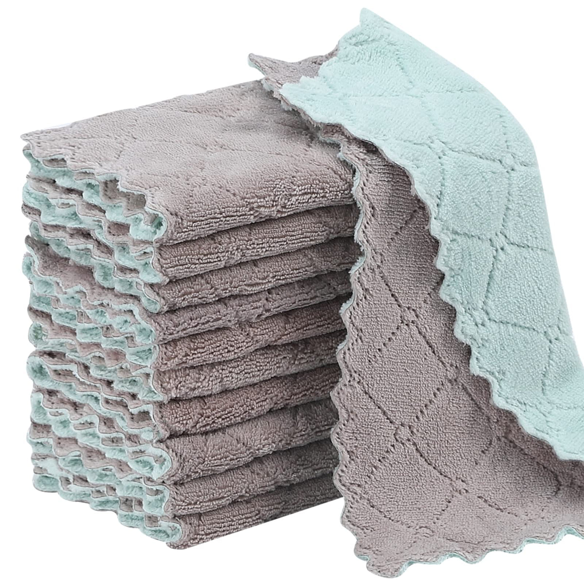 Rachan 11Pack Kitchen Dish Cloths, Reusable Dish Towels, Nonstick Oil Washable Fast Drying, Super Absorbent Coral Velvet Cleaning Cloths for Mom from Daughter Son(Green-grey10 x 6")