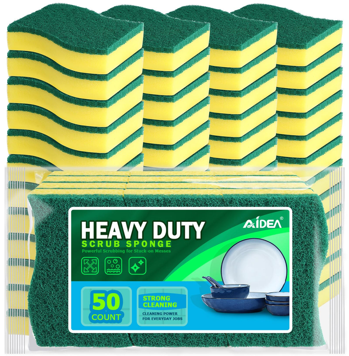 AIDEA Sponges Kitchen, 50 PK Heavy Duty Dish Sponge Kitchen, Scrub Sponges | Sponges for Dishes Stink-Free Cleaning, Reusable Cleaning Dish Scrubber Sponges for Home &amp; Restaurant, Bathroom, Sponges Bulk