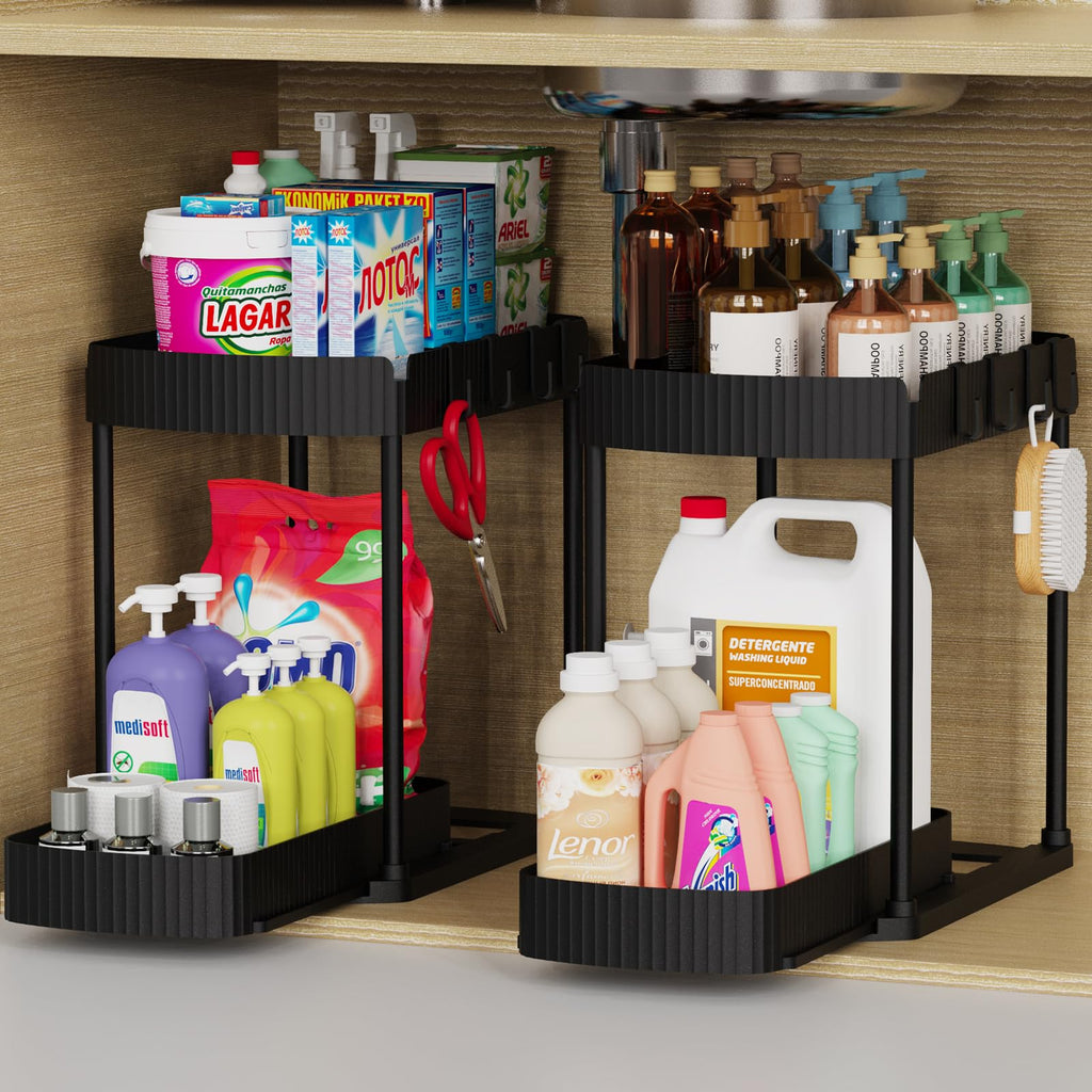 2 Packs Under Sink Pull-Out Storage Organizers, 12.8 Inches, Black | Multi-Purpose Cabinet Organizers and Storage for Bathroom &amp; Kitchen