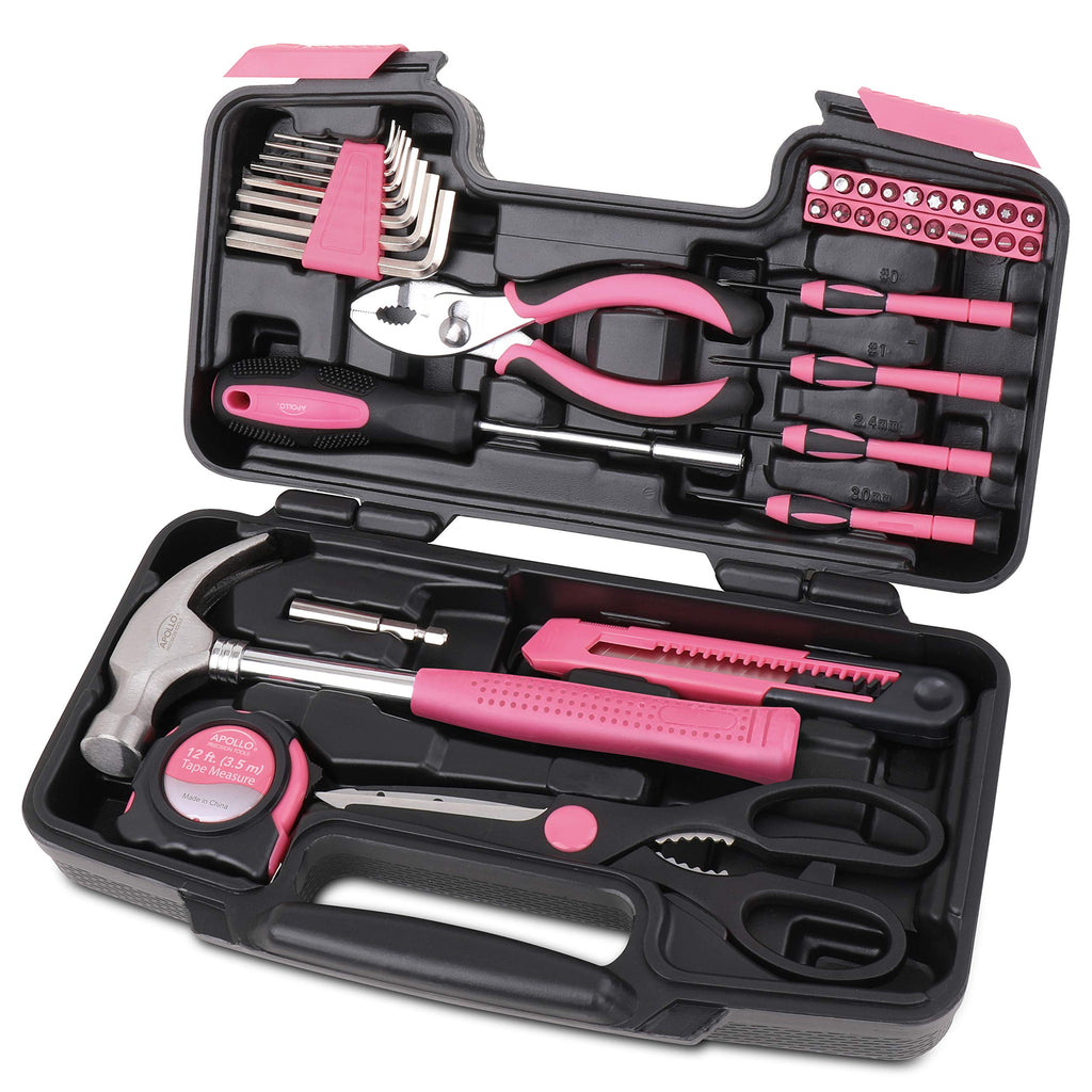 Apollo Tools 39 Piece General Household Tool Set, Pink DT9706P | Toolbox Storage Case with Essential Hand Tools for Everyday Home Repairs, DIY and Crafts. Pink Ribbon