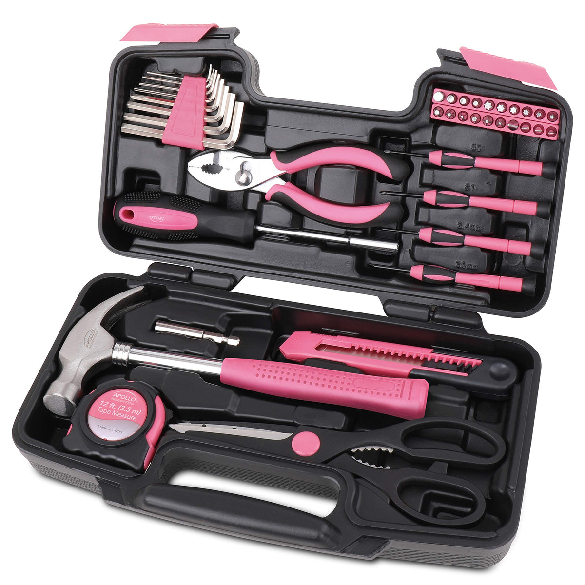 Apollo Tools 39 Piece General Household Tool Set, Pink DT9706P | Toolbox Storage Case with Essential Hand Tools for Everyday Home Repairs, DIY and Crafts. Pink Ribbon