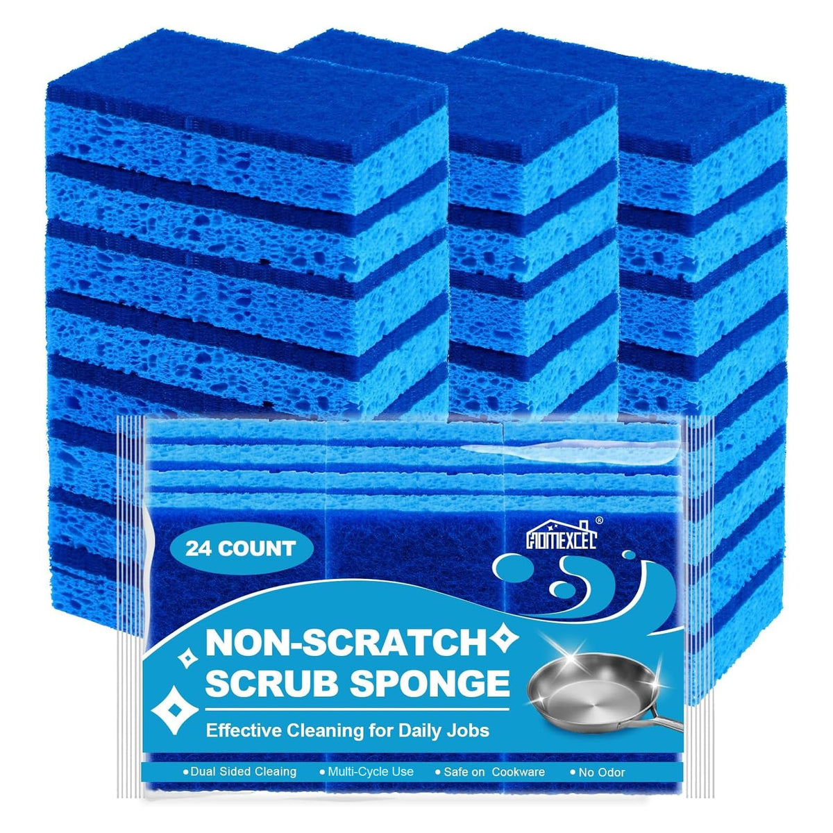 HOMEXCEL Sponges Kitchen 24 Pack, Non Scratch Scrub Dish Sponge for Dishes | Dual Sided Cleaning Sponges for Washing Dish &amp; Non-Stick Cookware, Blue Cellulose Sponge for Sink, Kitchen, Household