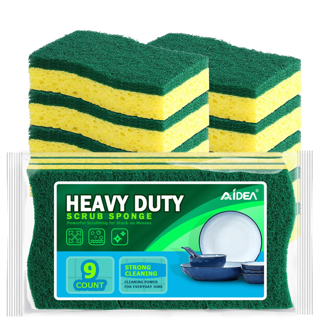AIDEA Sponges Kitchen, 9Count, Dish Sponges, Heavy-Duty Scrub Sponge | Kitchen Sponge for Non-Coated Cookware, Scrubbing Power for Tough Messes, Cleaning Sponge for Kitchen, Bathroom, Household