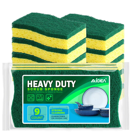 AIDEA Sponges Kitchen, 9Count, Dish Sponges, Heavy-Duty Scrub Sponge | Kitchen Sponge for Non-Coated Cookware, Scrubbing Power for Tough Messes, Cleaning Sponge for Kitchen, Bathroom, Household