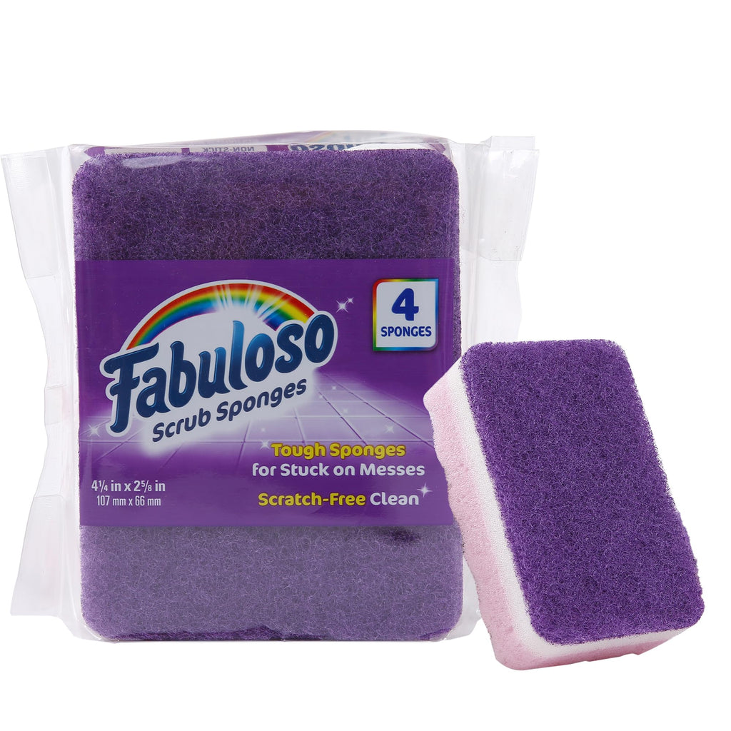 Fabuloso Scratch-Free Kitchen Dish Sponges, Purple, 4 Count | Cellulose scrubber with scouring pad tackles tough messes on dishes, pots, pans, and counters