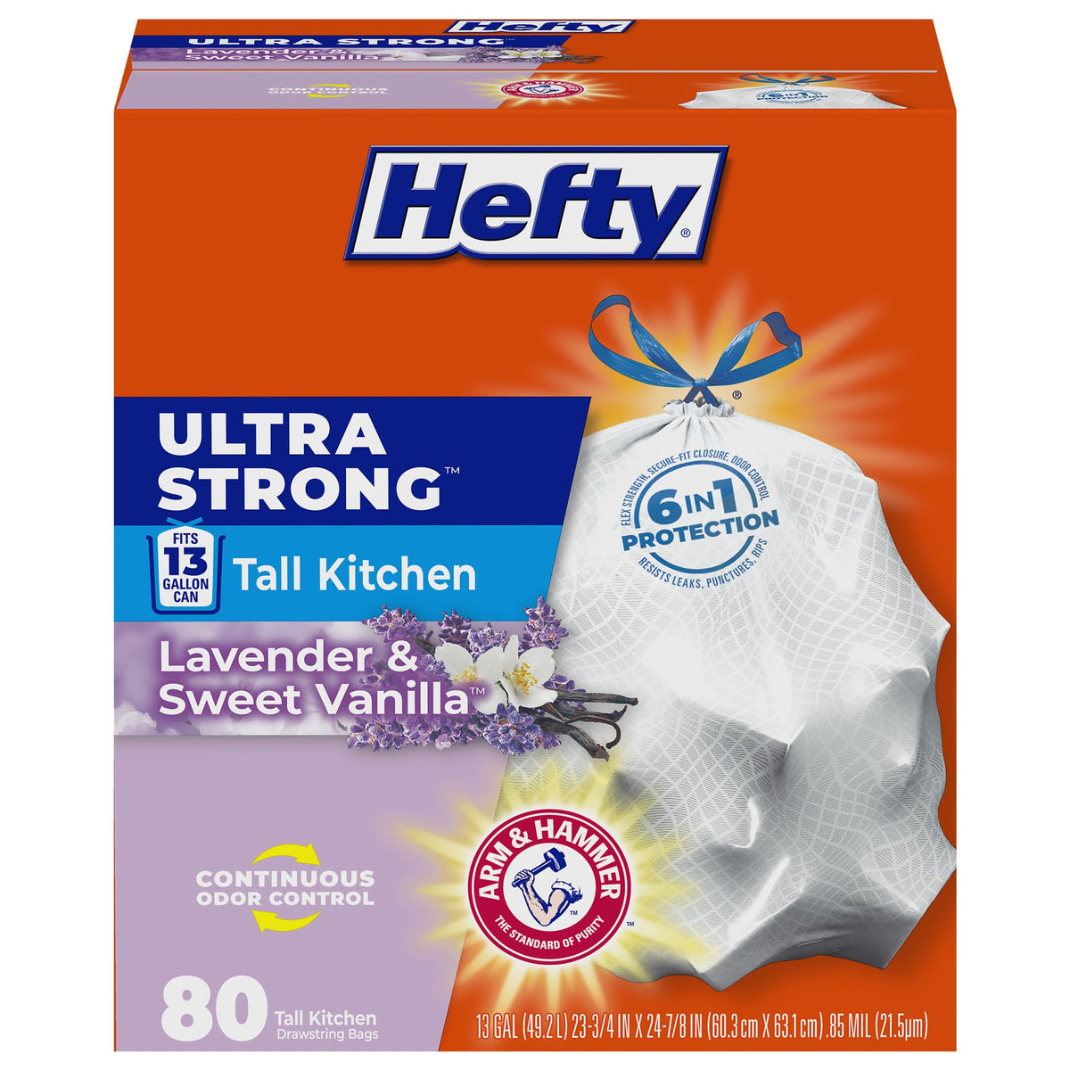 Hefty Ultra Strong 13 Gal Kitchen Trash Bags, White, Lavender Vanilla, 80ct | 13G Tall White Trash Bags with Drawstrings for Kitchen and Home Use, Resists Leaks, Punctures, Rips, Continuous Odor Control