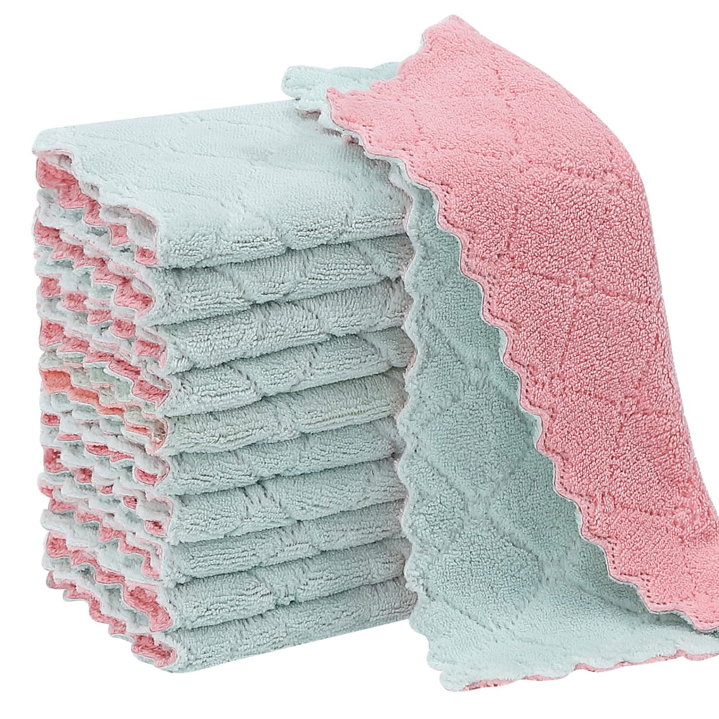 Rachan 11Pack Kitchen Dish Cloths, Reusable Dish Towels, Nonstick Oil Washable Fast Drying, Super Absorbent Coral Velvet Cleaning Cloths for Cleaning Tableware, Kitchen, Bathroom (Pink-green10 x 6")