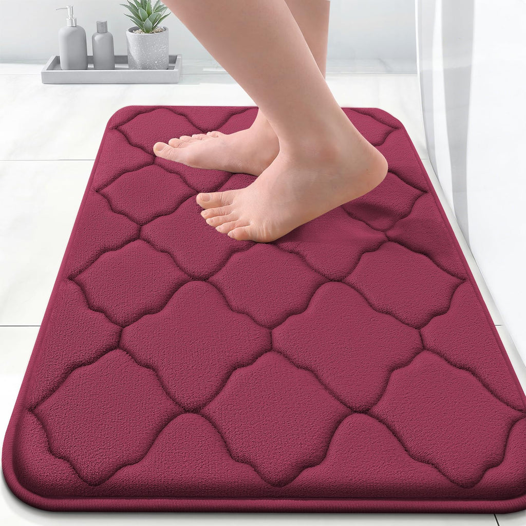 OLANLY Memory Foam Bath Mat Rug 24x16, Ultra Soft and Absorbent Bathroom Rugs, Non-Slip, Comfortable, Machine Washable Bath Carpet for Bathroom Floor, Tub, Shower and Home Decor Accessories, Burgundy