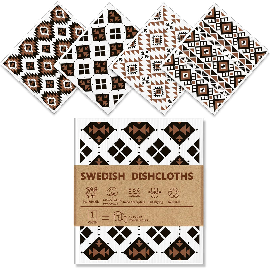 Eugiichr 4 Pack Swedish Dishcloths for Kitchen, Reusable, Super Absorbent | No Odor &amp; Washable Dish Cloths, Western Aztec Kitchen Towels, Non-Scratch Cellulose Cloths for Washing Dishes, Biodegradable