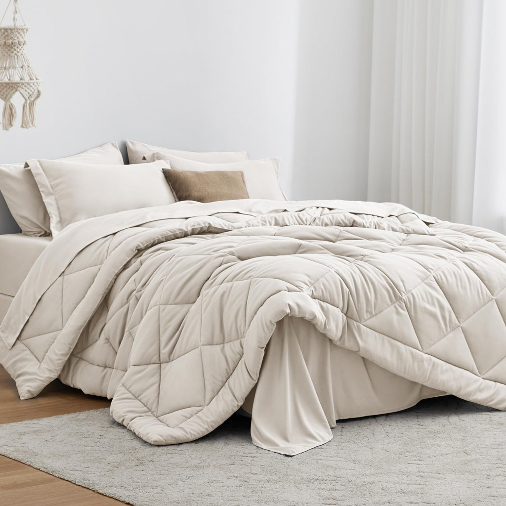 Love's cabin Queen Comforter Set, 7 Pieces Bed in a Bag, Beige | OEKO-TEX Certified, All-Season, 1 Down-Alternative Comforter + 1 Flat &amp; Fitted Sheets + 2 Pillowcases + 2 Pillow Shams