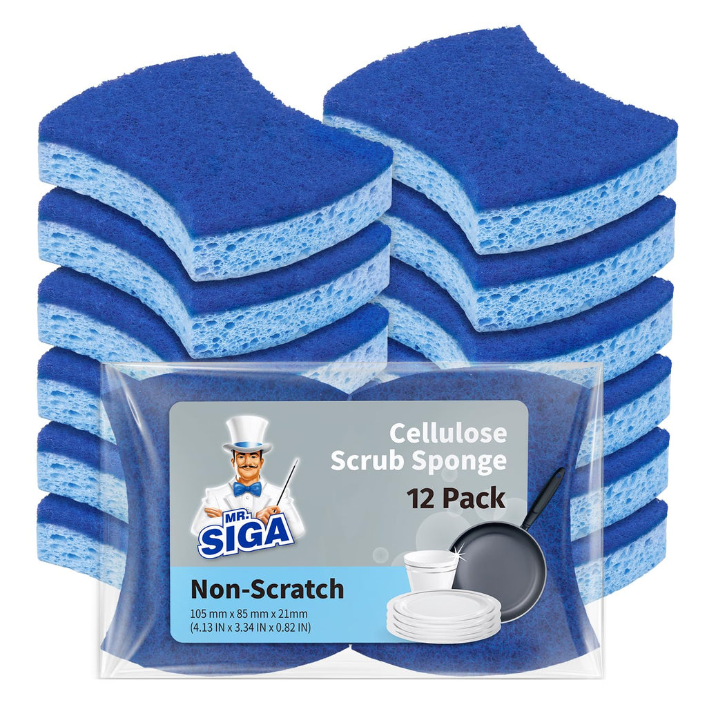 MR.SIGA Non-Scratch Cellulose Scrub Sponge, Dual-Sided Dish Sponge, 12 Pack | Dishwashing sponge for non stick cookware, scratch free dish sponges, kitchen sponges, cellulose sponges, sponges for dishes