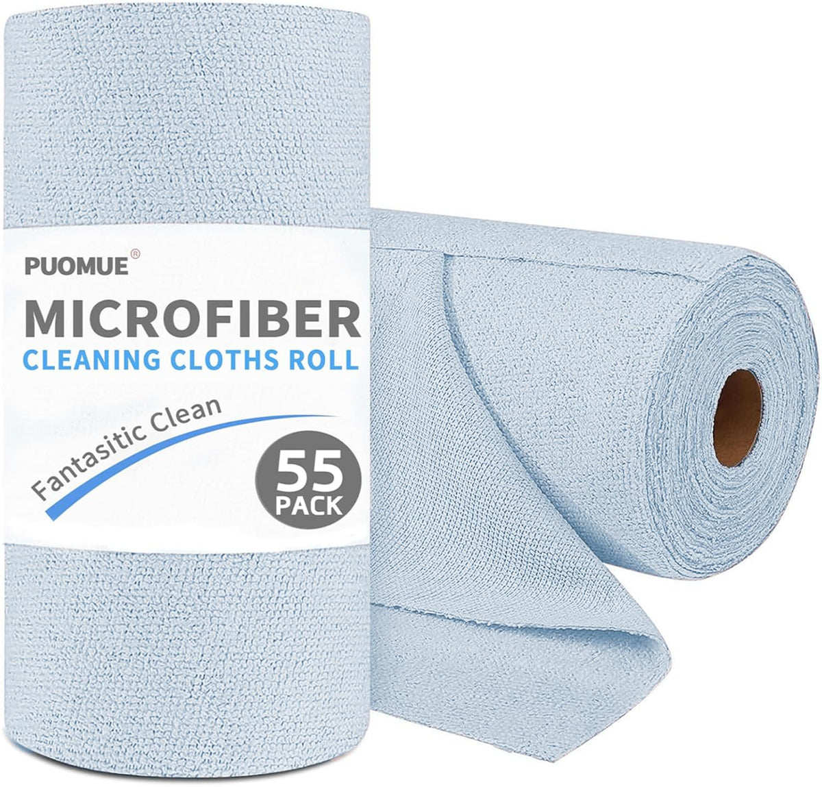Puomue 55 Pack Microfiber Cleaning Cloth Roll, Tear Away Reusable Paper Towels, 11" x 9", Ultra Absorbent &amp; Lint Free Microfiber Cloth for Cleaning Cars, Kitchen, Window, Home and Shop, Light Blue