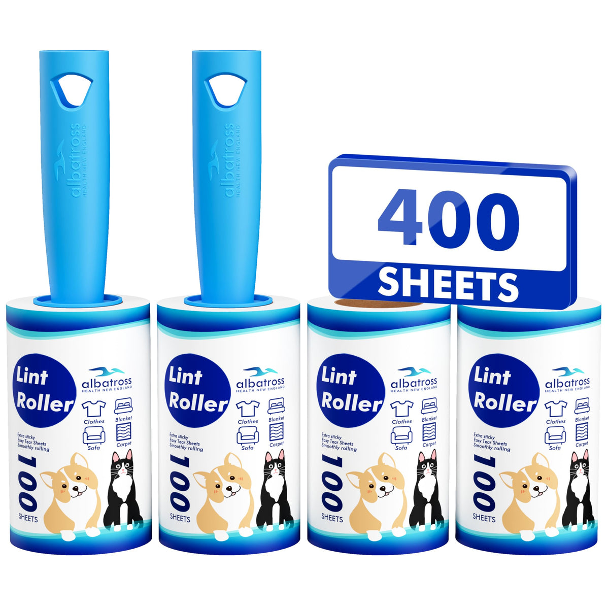400 Sheets Lint Rollers for Pet Hair Extra Sticky, 2 Handles, 4 Rollers | Easy to Peel, Home Cleaning, Lint Remover for Clothes, Furniture, Couch, Car Seats, Designed for Pet Owners