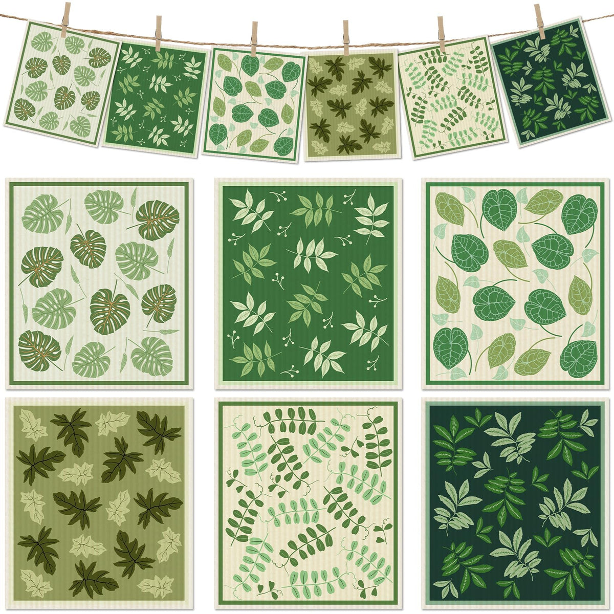6 Pcs Swedish Paper Cloths for Kitchen, Reusable Paper Towels Washable | Highly Absorbent Kitchen Towels Quick Drying Swedish Sponge Cleaning Dish Cloths Dish Rags (Green Plant Leaves)