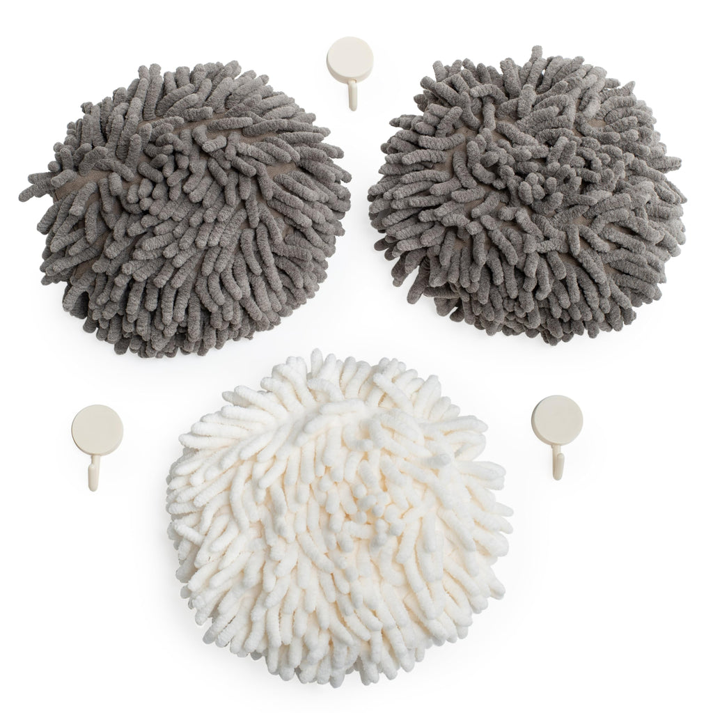 JJ KENT Fluffy Puffins Microfiber Puff Hand Towels &amp; Hooks, 3 Pack, Gray | Ball hand towel, hand drying puff, use in bathrooms and kitchens, dry hands, dishes and countertops, soft texture, reusable