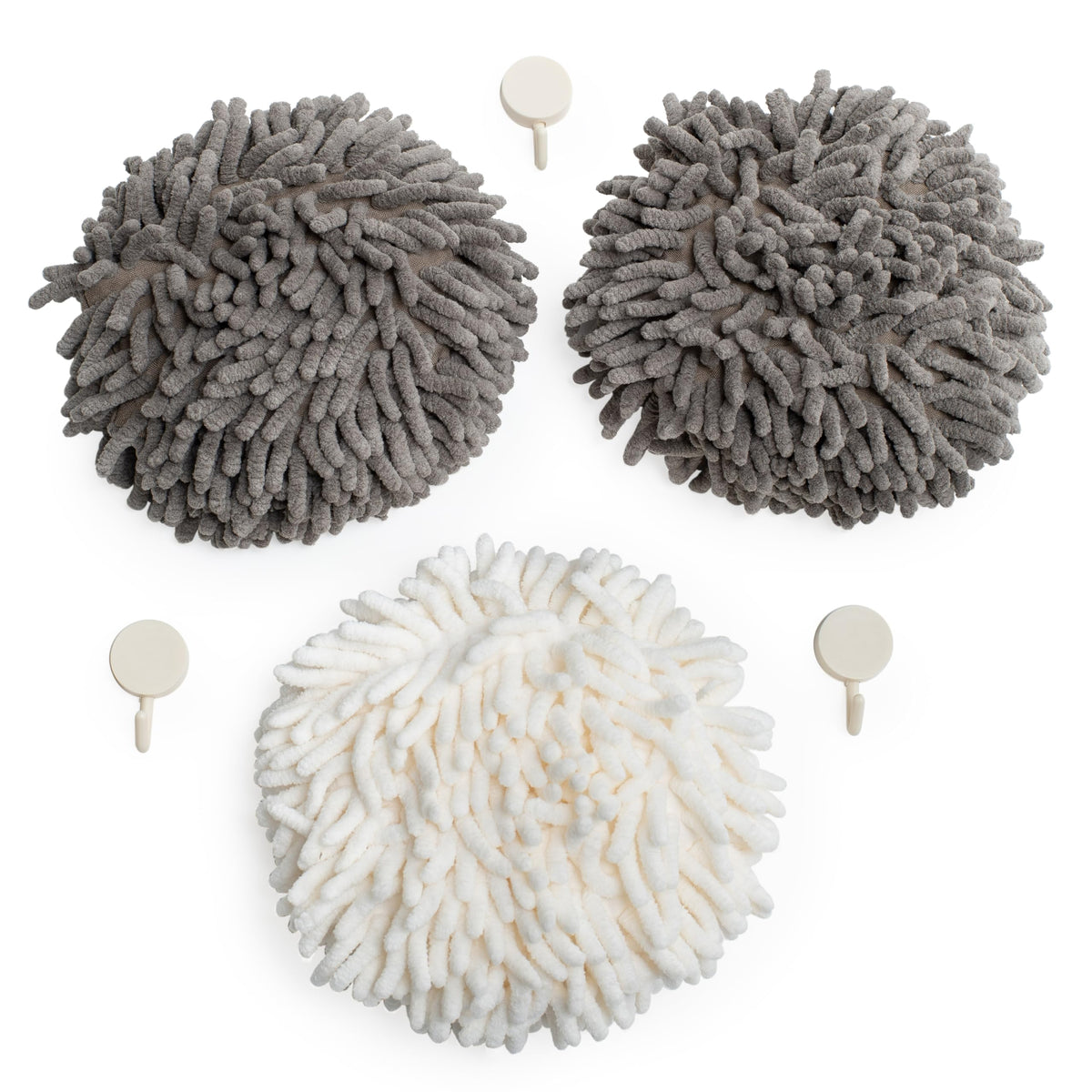 JJ KENT Fluffy Puffins Microfiber Puff Hand Towels &amp; Hooks, 3 Pack, Gray | Ball hand towel, hand drying puff, use in bathrooms and kitchens, dry hands, dishes and countertops, soft texture, reusable