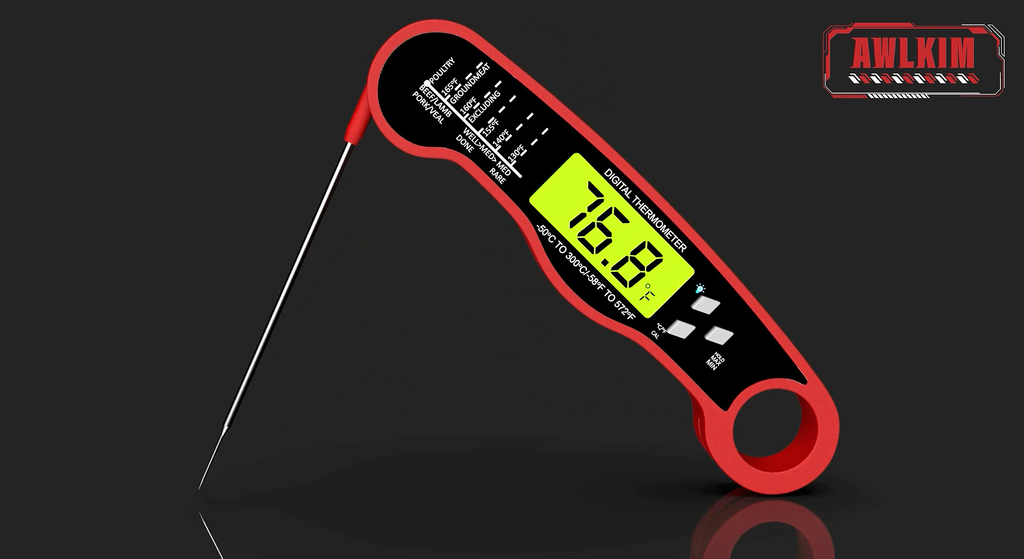 AWLKIM Meat Thermometer Digital, Instant Read Food Thermometer, Red | Waterproof cooking thermometer with doneness chart, backlight, F/C switch for BBQ, candy, oil