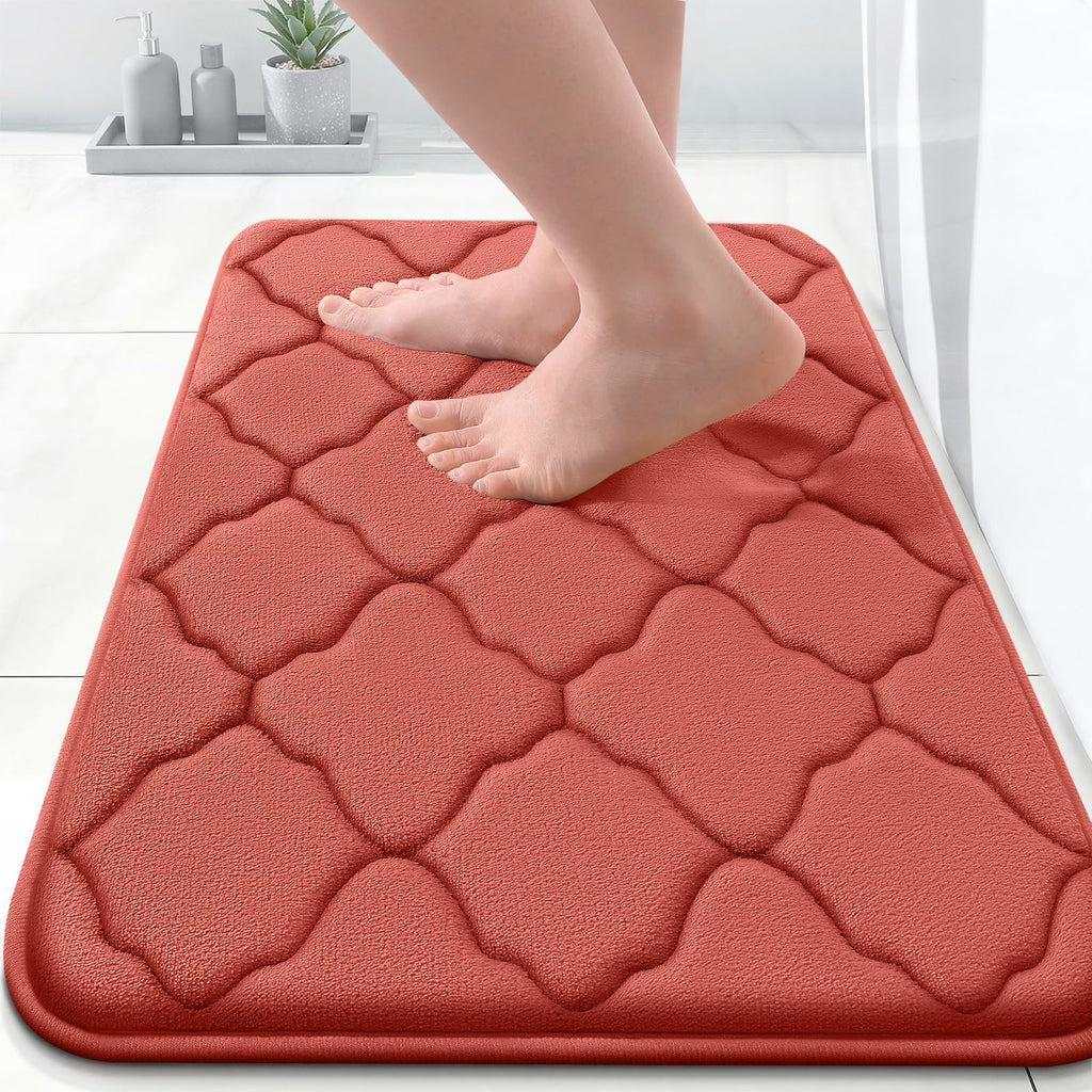 OLANLY Memory Foam Bath Mat Rug 24x16, Ultra Soft Bathroom Rugs, Coral | Thick Absorbent Carpet, Non-Slip Backing, Machine Washable, for Bathroom Floor, Tub, Shower and Home Decor Accessories