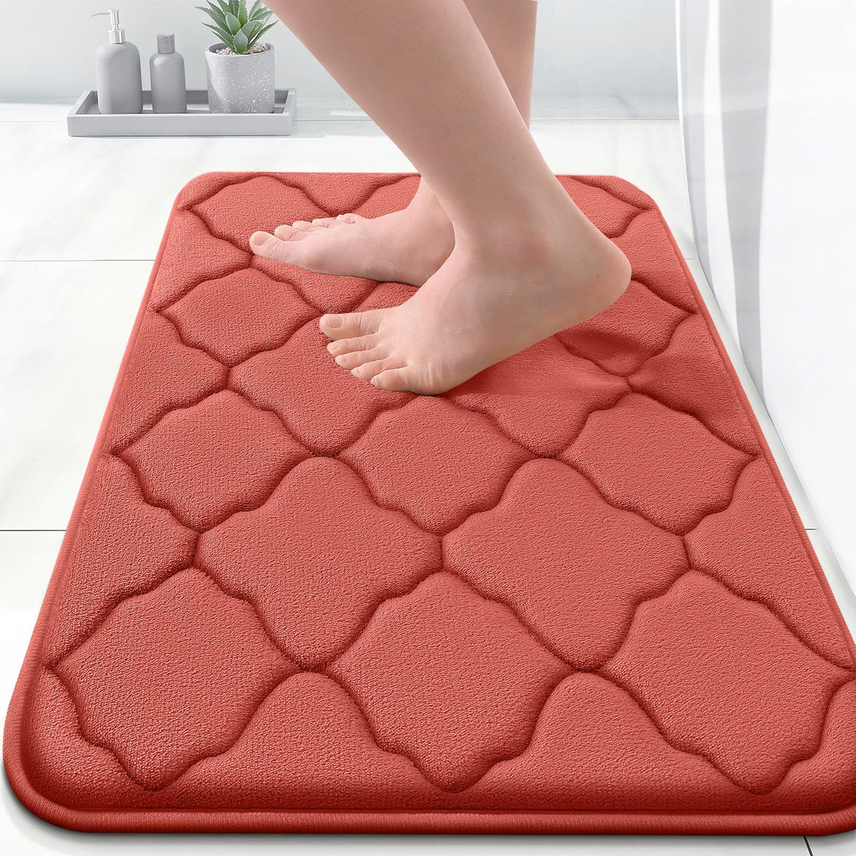 OLANLY Memory Foam Bath Mat Rug 24x16, Ultra Soft Bathroom Rugs, Coral | Thick Absorbent Carpet, Non-Slip Backing, Machine Washable, for Bathroom Floor, Tub, Shower and Home Decor Accessories